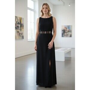 Nightway Black Rhinestone Waist Shoulder Evening Gown Sz10 Sleeveless Front Slit